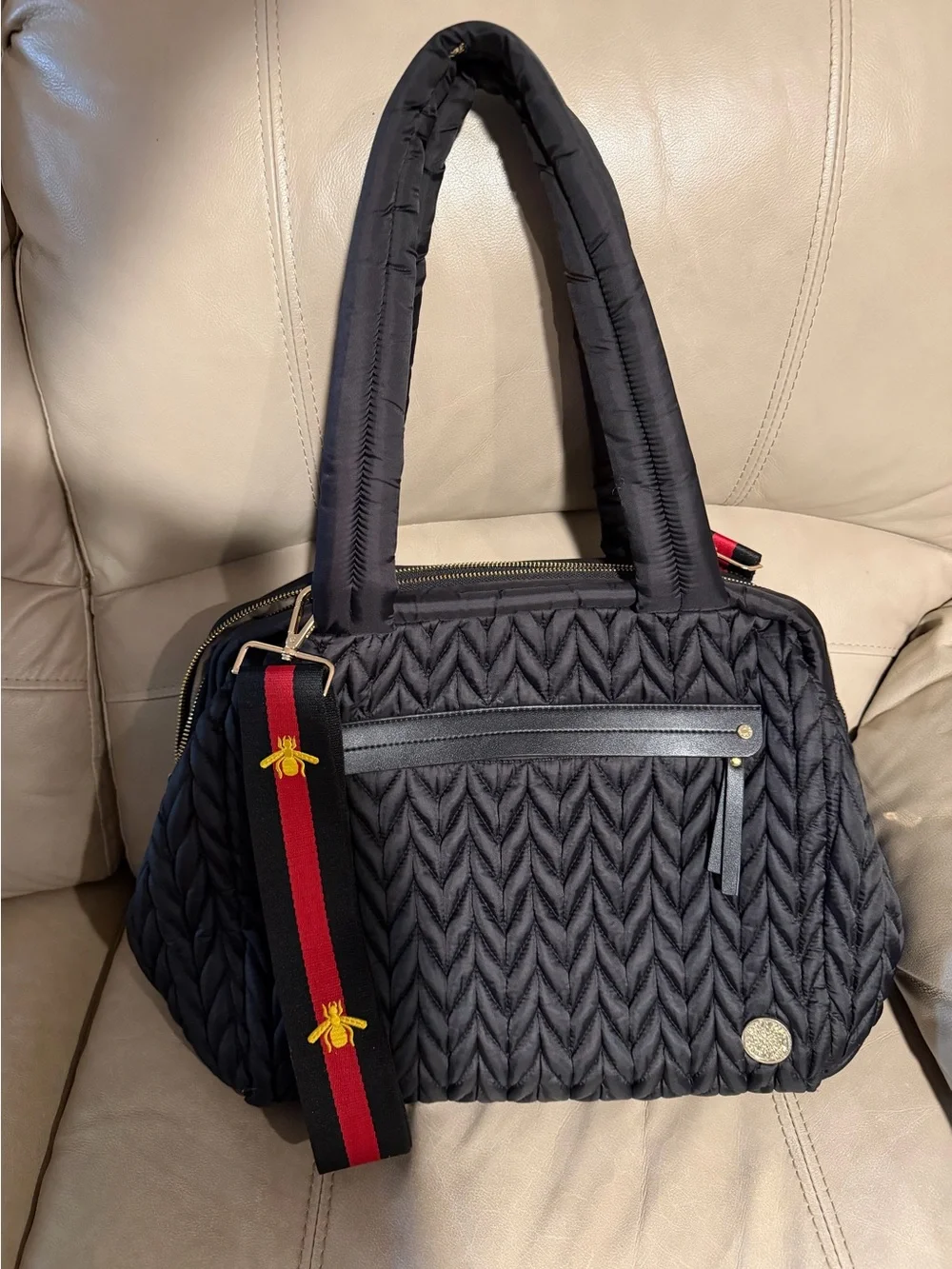 Happ Black Diaper Bag with bee strap